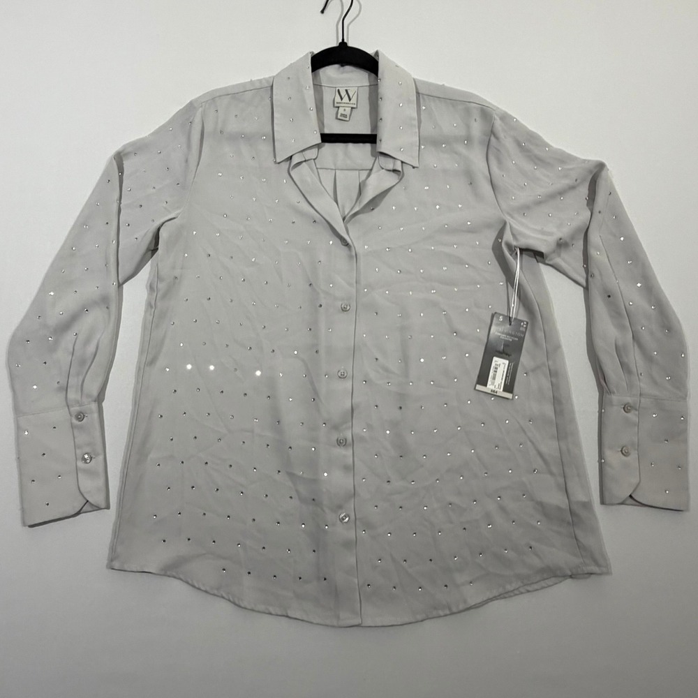 Worthington‎ Blouse Rhinestone Embellished Button Down Silver Womens Size S